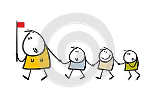 Female educator holds a flag sign and teacher leads group of children for a walk. Vector illustration of large family