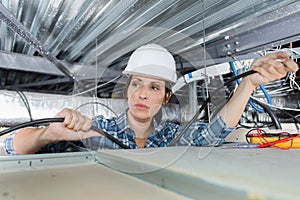 female electrician fixing light on ceiling