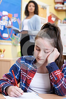 Female Elementary School Pupil Struggling In Class