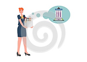 Female employee moving to a new office. Simple flat illustration