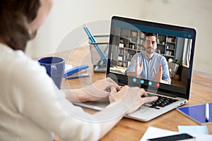 Female employer interview applicant on video call