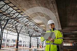 Female engineer checking building documentation on clipboard at construction site.