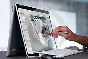 Female Engineer Developing Mechanical Parts Using 3D CAD Software On Laptop