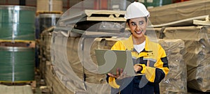 Female engineer or factory inspector conduct safety inspection. Exemplifying