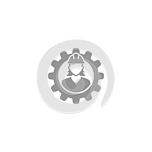 Female engineer logo. Person work icon. Female engineer gear icon