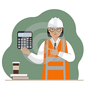 Female engineer in a white construction helmet and orange vest with a calculator. Vector