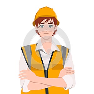 Female Engineer in white Hard hat folded arms