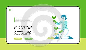 Female Enjoying Plants Gardening Hobby Landing Page Template. Woman Gardener or Florist Character Working in Garden