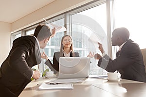 Female entrepreneur meditating during hard meeting