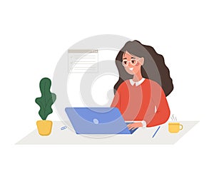 Female entrepreneur. Successful woman sitting at table with laptop and solves work issues. Modern office worker or