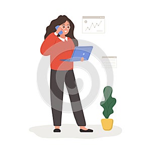 Female entrepreneur. Successful woman talking on phone and holding laptop. Modern office worker or business expert