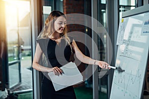 Female executive giving a presentation pointing at diagrams drawn on whiteboard