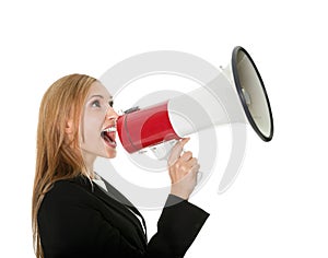 Female executive yelling through a megaphone
