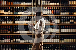 Female expert sommelier locating in winery sphere analyses various varieties of red and white wine, located in wine