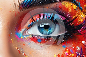 A female eye with bright and creative makeup combining blue, red, and yellow colors, emphasizing beauty and expression