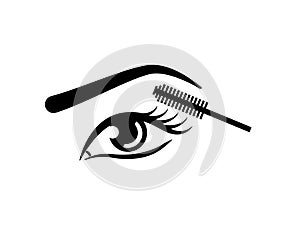 Female eye with cosmetic brush. Mascara applying illustration