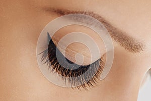 Female eye with extreme long false eyelashes and black liner. Eyelash extensions, make-up, cosmetics, beauty