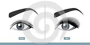 Female Eye Before and After Eyelash Extension. Comparison of Natural vs. Volume Eyelashes. Infographic Vector