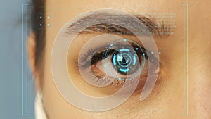 A female eye with a futuristic vision system. Reading data, Hud user Interface elements
