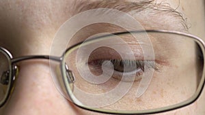 Female eye with glasses close-up
