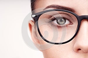 Female eye with long eyelashes in eyeglasses