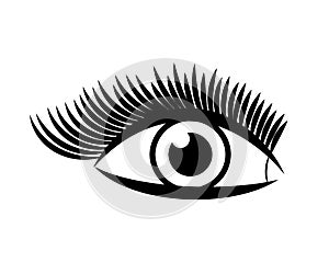 Female eye and long eyelashes on a white background. Symbol. Vector