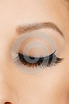 Female eye with long false eyelashes. Eyelash extensions, make-up, cosmetics, beauty and skin care