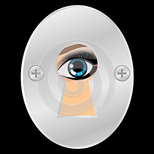 Female eye looking through metallic keyhole