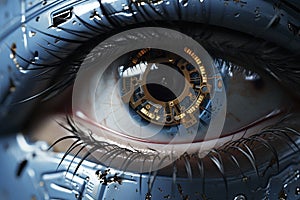 Female eye with overlay of printed circuit board. Concepts of Artificial intelligence development or Microchip implants