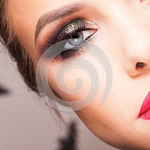 Female eye with Smokey eyes, makeup, close-up. Bright makeup