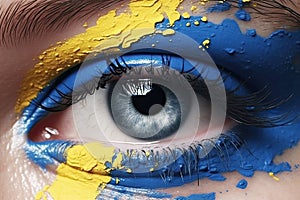 Female eye in yellow-blue paint close-up. The concept of problems of Ukrainians. Generative AI