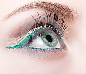 Female eye zone and brow with evening green eyeliner makeup