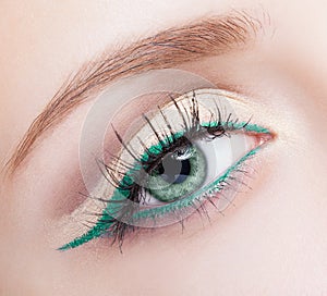 Female eye zone and brow with evening green eyeliner makeup