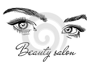 Female eyes. Beauty salon poster art design with beautiful woman eyes, eyelashes and eyebrow, fashion makeup hand drawn