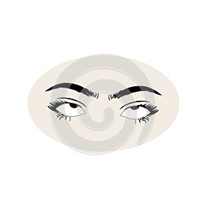 Female eyes icon with eye brows. Illustration of woman\'s sexy luxurious eye with perfectly shaped eyebrows