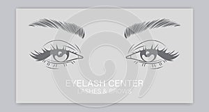 Female eyes with long eyelashes and eyebrows. Beauty logo for the center of eyelashes and eyebrows. Logo, business card