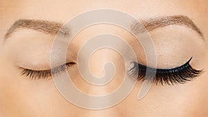 Female eyes with long false eyelashes, befor and after effect. Eyelash extensions, make-up, cosmetics, beauty