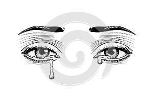 Female eyes weeping eyes with tears isolated on white