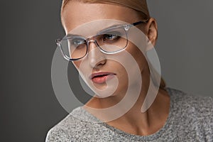 Female Eyewear. Woman In Beautiful Glasses Frame, Eyeglasses