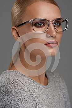 Female Eyewear. Woman In Beautiful Glasses Frame, Eyeglasses