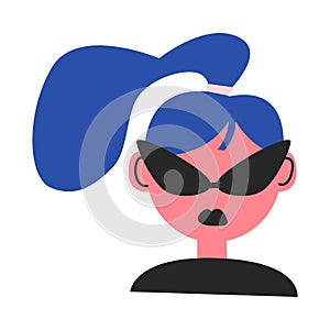 Female face with blue hair in black sunglasses vector illustration