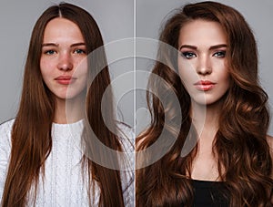 Female face with comparison after makeup and retouch.