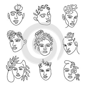 Female face line with flowers. Continuous lines art with woman minimalist portraits with bouquet in hairs. Fashion