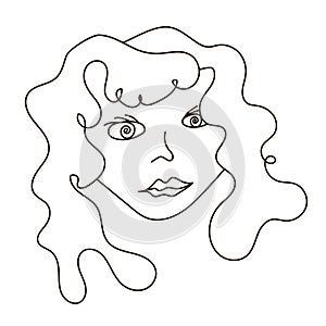 Female face with long hair in doodle style, one line. A girl& x27;s head as an avatar, an icon, for a cartoon, a print.