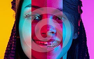 Female face made of portraits of different people. women of diverse race and age in neon light. Smiling look