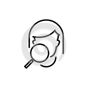 Female face and magnifying glass icon,  vector line illustration