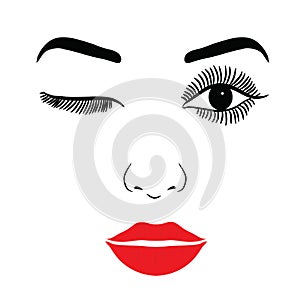 Female Face With Make-up Eyelashes, Eyes And Lips On A White Background