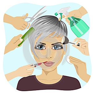Female face and many hands making different beauty salon services