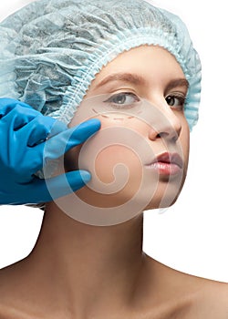 Female face before plastic surgery operation