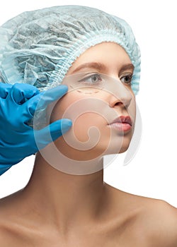 Female face before plastic surgery operation